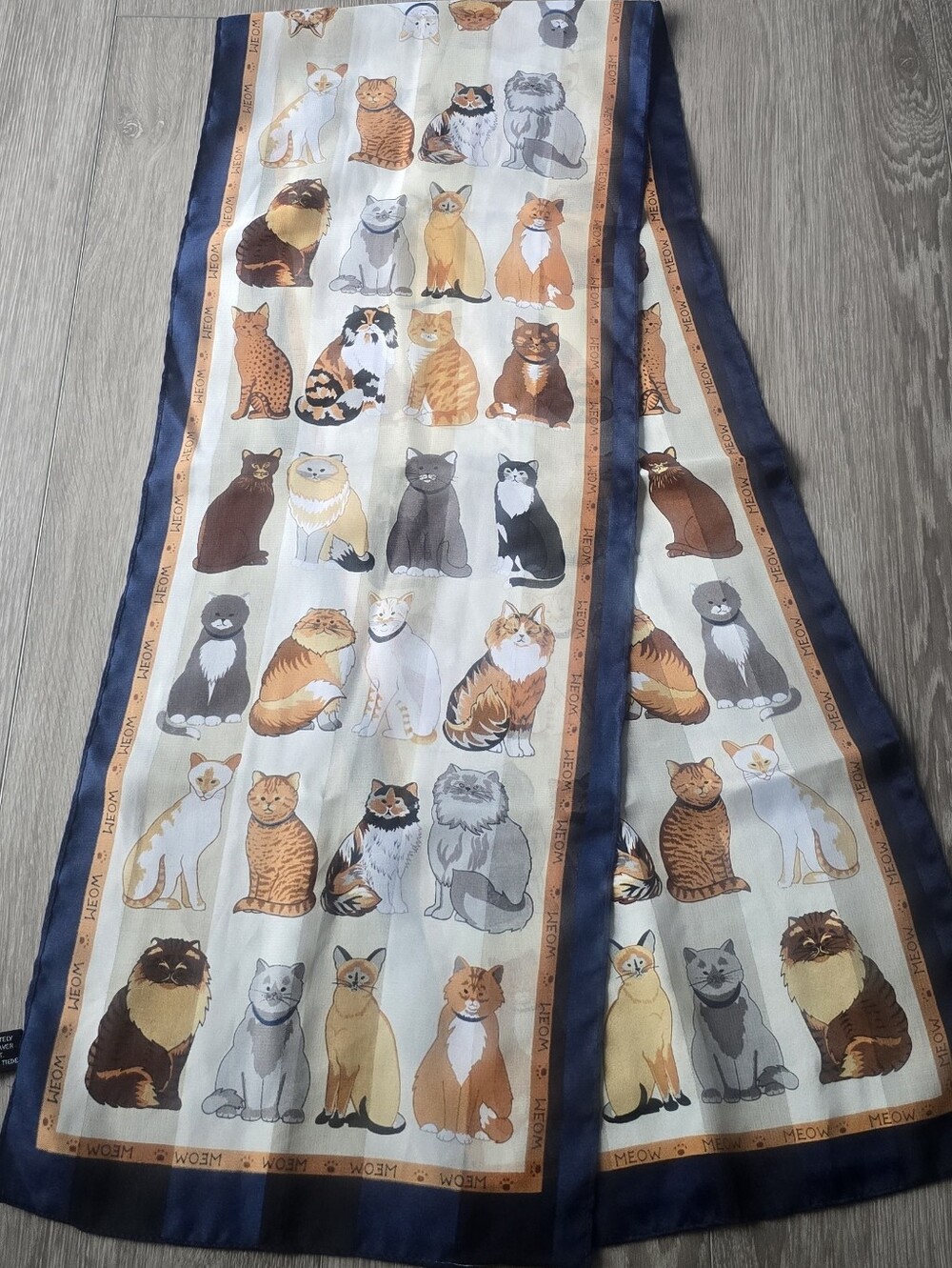 Vintage Cat Breed Scarf Long Oblong Meow Navy Border 100% Polyester Korea 58"